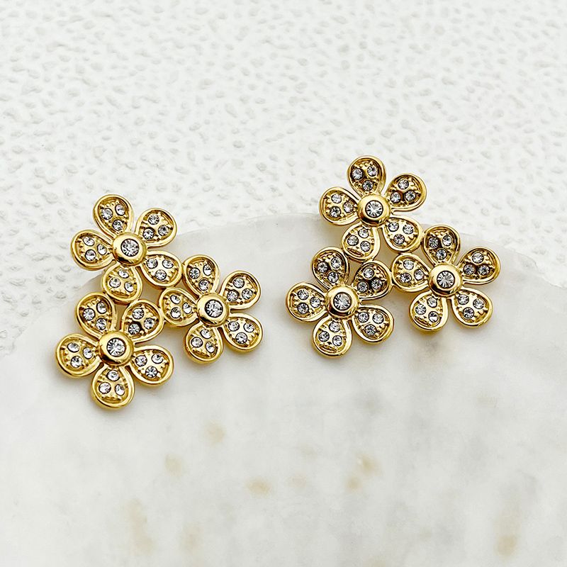1 Pair Simple Style Flower Plating Inlay 304 Stainless Steel Zircon Gold Plated Ear Studs