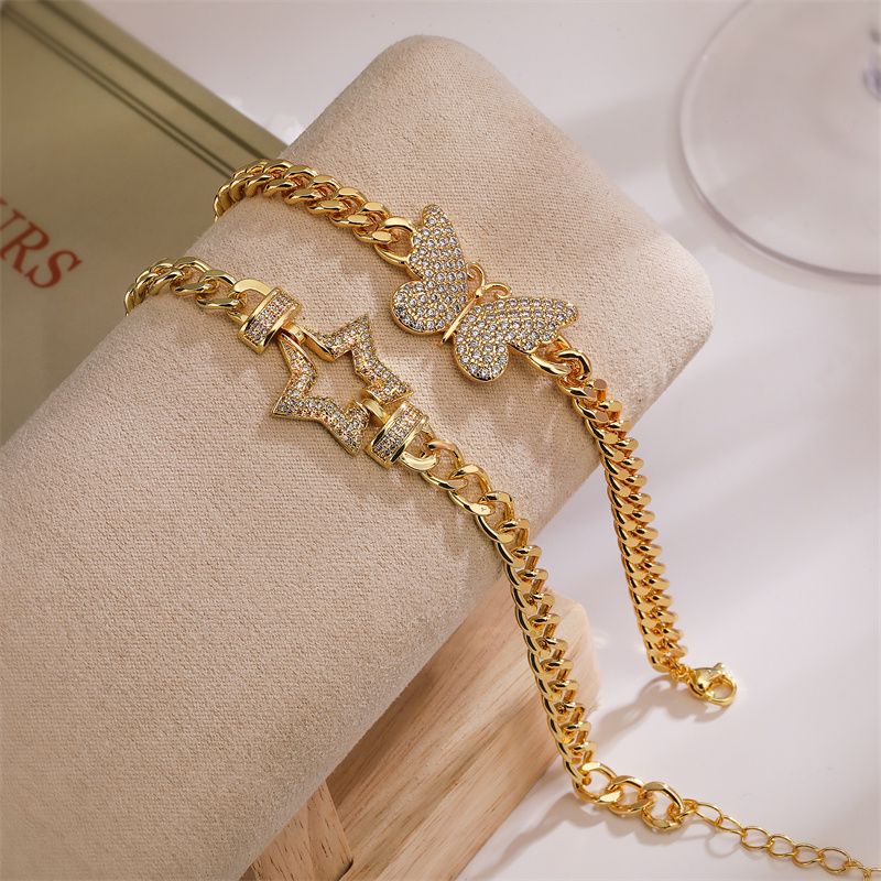 Luxuriös Glänzend Stern Schmetterling Kupfer Überzug Inlay Zirkon 18 Karat Vergoldet Armbänder