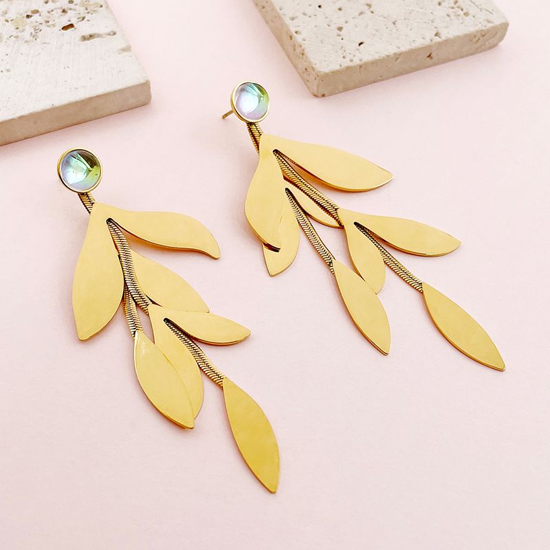 1 Pair Sweet Simple Style Artistic Leaf Plating Inlay 304 Stainless Steel Gem Gold Plated Drop Earrings