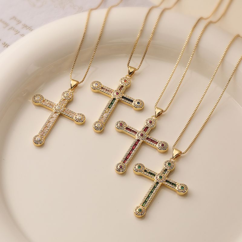 Simple Style Commute Cross Copper Plating Inlay Zircon 18k Gold Plated Pendant Necklace