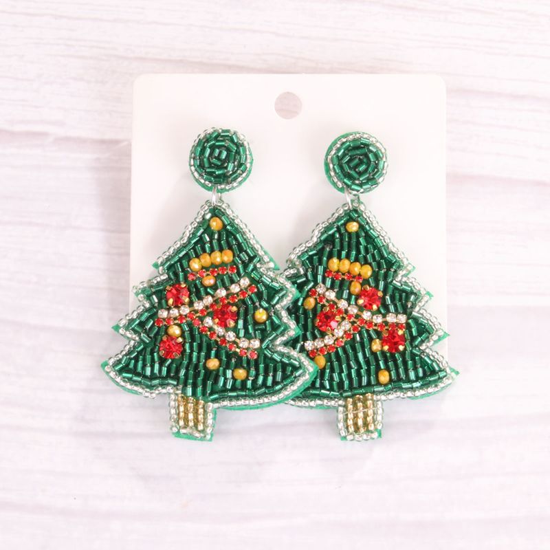 1 Pair Sweet Artistic Christmas Tree Asymmetrical Beaded Handmade Cloth Glass Drop Earrings