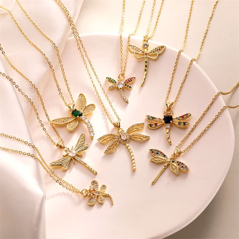 Einfacher Stil Libelle Kupfer Überzug Inlay Zirkon Vergoldet Halskette Mit Anhänger