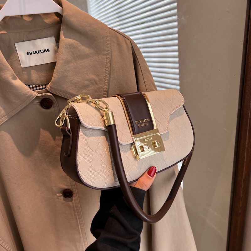 Women's Medium All Seasons Pu Leather Color Block Streetwear Oval Lock Clasp Shoulder Bag