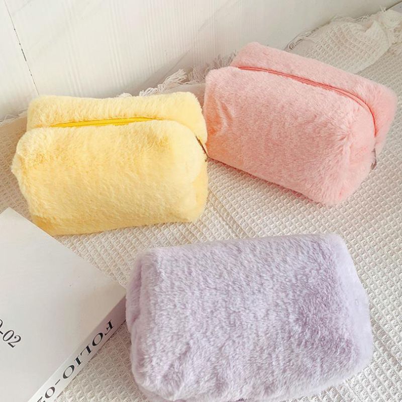 Classic Style Solid Color Cotton Plush Square Makeup Bags