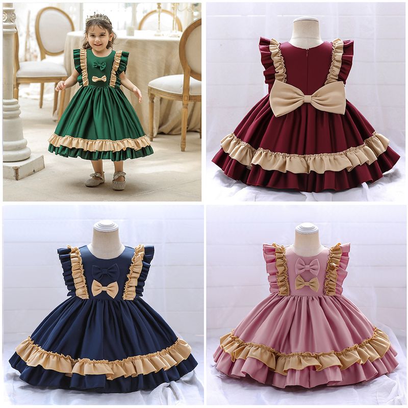 Princess Cute Color Block Bow Knot Cotton Polyester Girls Dresses