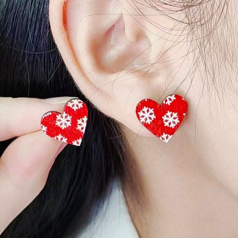 Wholesale Jewelry Simple Style Heart Shape Wood Printing Ear Studs