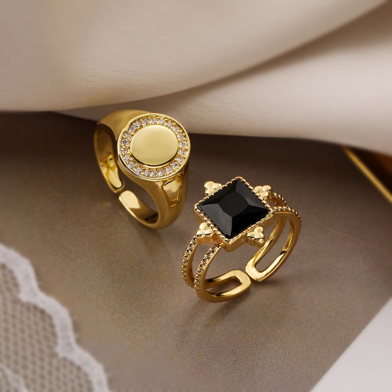 Retro Classic Style Geometric Copper Plating Inlay Zircon 18k Gold Plated Open Rings