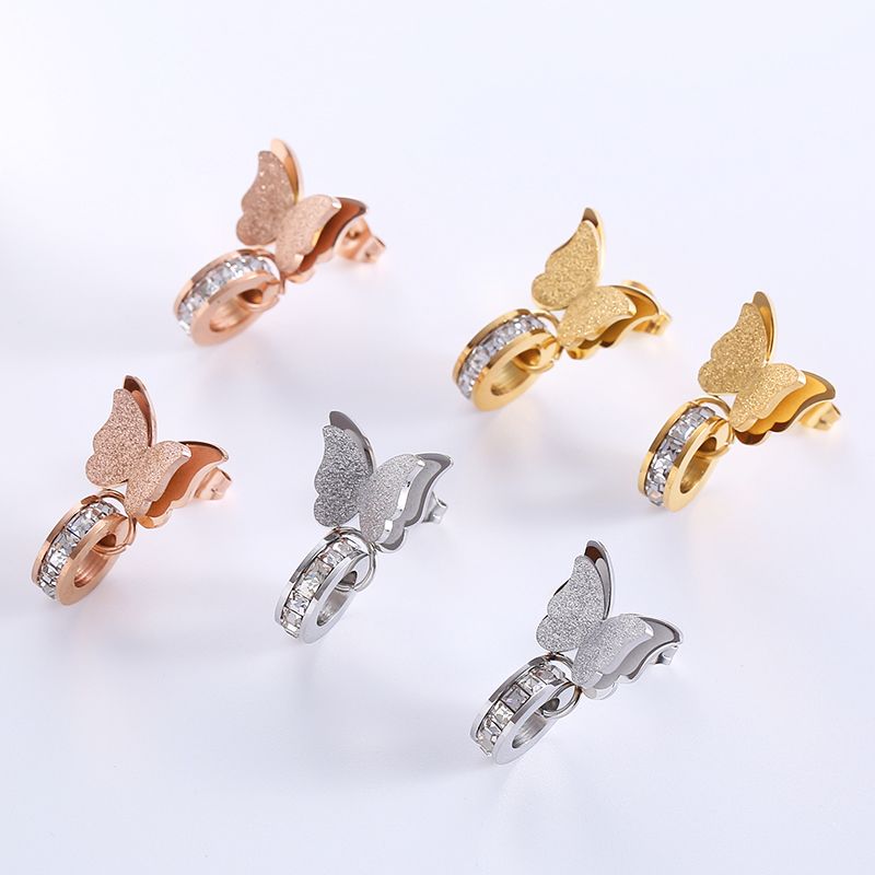 1 Paire Élégant Style Classique Papillon Papillon Incruster Acier Inoxydable Diamant Artificiel Plaqué Or 18k Plaqué Or Rose Boucles D'oreilles