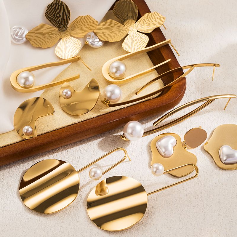 1 Paar Ig-stil Basic Geometrisch Herzform Irregulär Überzug Inlay Rostfreier Stahl Künstliche Perlen 18 Karat Vergoldet Tropfenohrringe