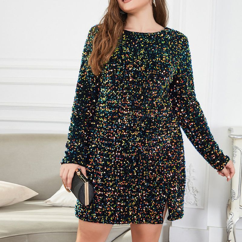 Party Dress Elegant Sexy Round Neck Sequins Long Sleeve Solid Color Above Knee Banquet Party