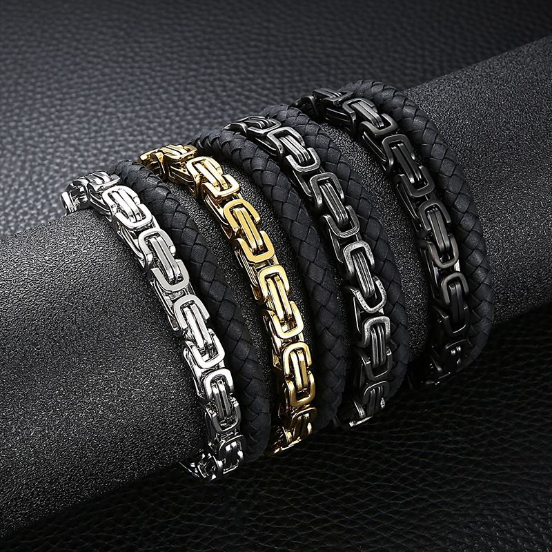 Rétro Punk Géométrique Faux Cuir Acier Au Titane Tresser Chaîne Hommes Bracelet