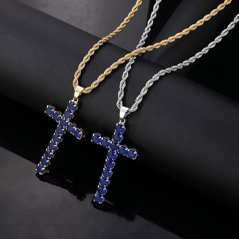 Wholesale Hip-Hop Vintage Style Simple Style Cross 304 Stainless Steel Copper Plating Inlay Zircon Pendant Necklace