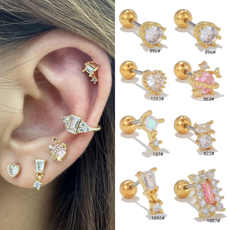 1 Pièce Style Ig Vacances Style Simple Géométrique Placage Incruster Laiton Zircon Plaqué Or 18k Or Blanc Plaqué Boucles D'oreilles