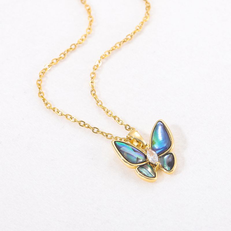 Lady Butterfly Titanium Steel Copper Plating Inlay Artificial Gemstones 18k Gold Plated Pendant Necklace