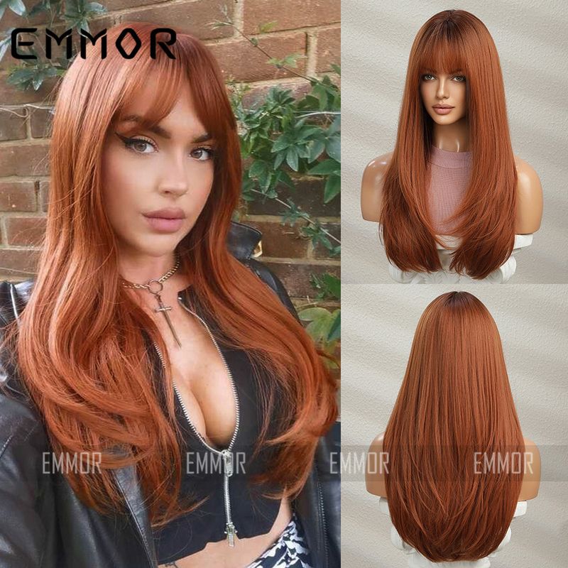 Women's Elegant Party Street High Temperature Wire Bangs Long Straight Hair Wigs