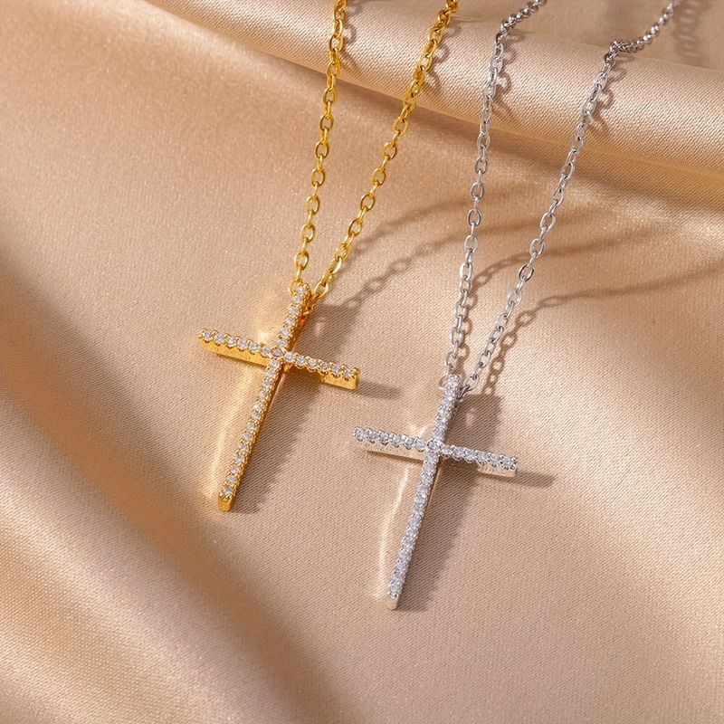 Einfacher Stil Kreuzen Kupfer Vergoldet Zirkon Halskette Mit Anhänger In Masse