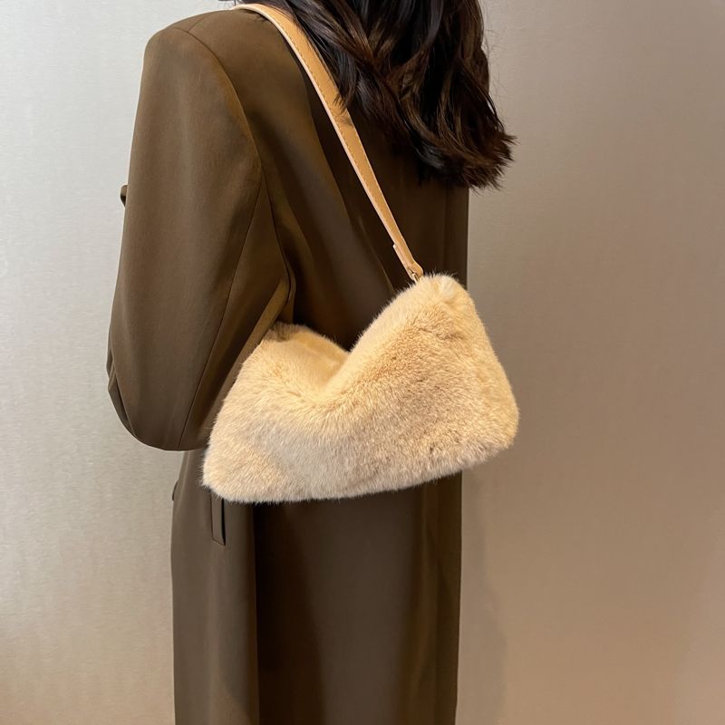 Women's Autumn&winter Plush Solid Color Streetwear Sewing Thread Square Zipper Shoulder Bag