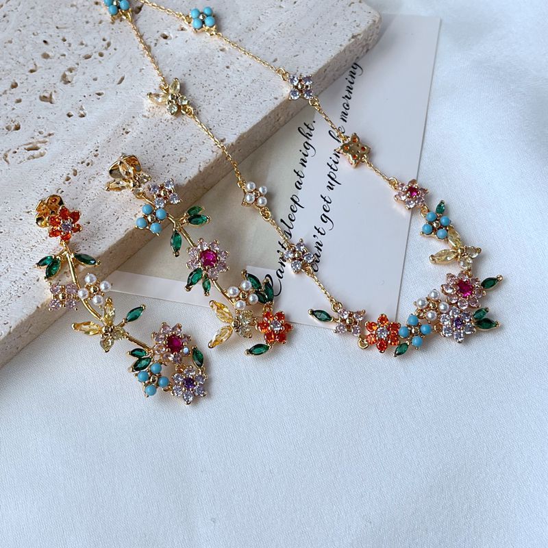 Glam Flower Metal Inlay Artificial Pearls Zircon Women's Earrings Necklace