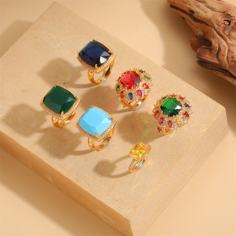 Elegant Classical Vintage Style Square Copper Plating Inlay Zircon 14k Gold Plated Open Rings