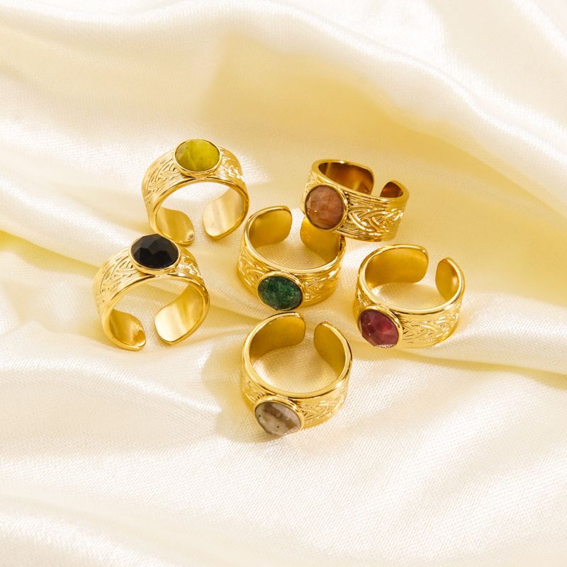 304 Stainless Steel 14K Gold Plated IG Style Plating Inlay Round Natural Stone Gem Open Rings
