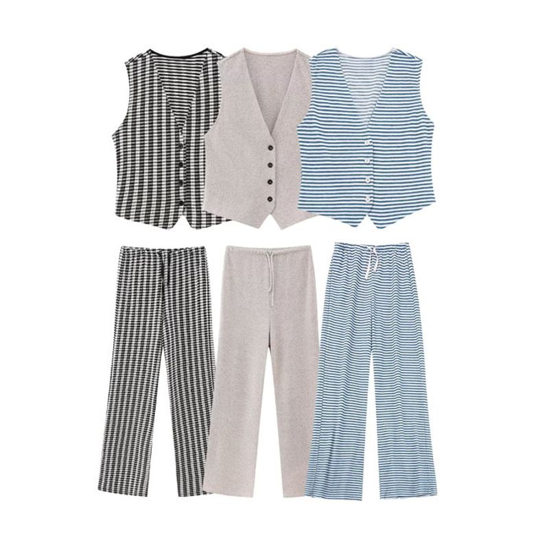 Daily Women's Casual Stripe Polyester Button Pants Sets Pants Sets