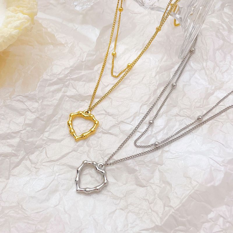 Simple Style Heart Shape Stainless Steel Plating Hollow Out White Gold Plated Gold Plated Double Layer Necklaces
