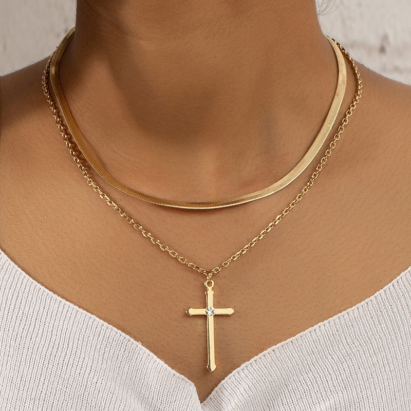 Retro Lady Streetwear Cross 14k Gold Plated Artificial Rhinestones Alloy Wholesale Double Layer Necklaces