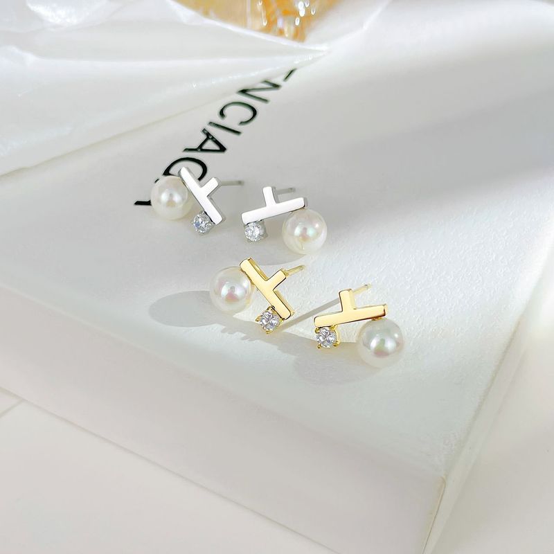 1 Pair Casual Simple Style Geometric Plating Inlay Stainless Steel Pearl Zircon White Gold Plated Gold Plated Ear Studs