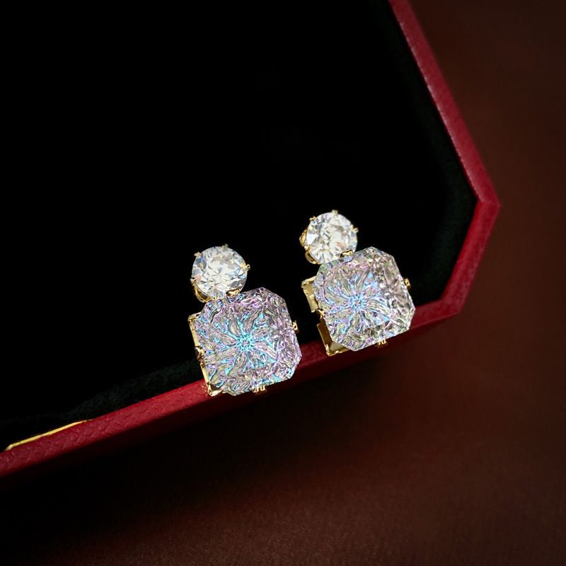 1 Paire Brillant Carré Incruster Alliage Strass Boucles D'oreilles