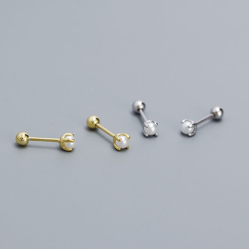 1 Paire Style Simple Géométrique Couleur Unie Placage Incruster Argent Sterling Perles Artificielles Boucles D'oreilles