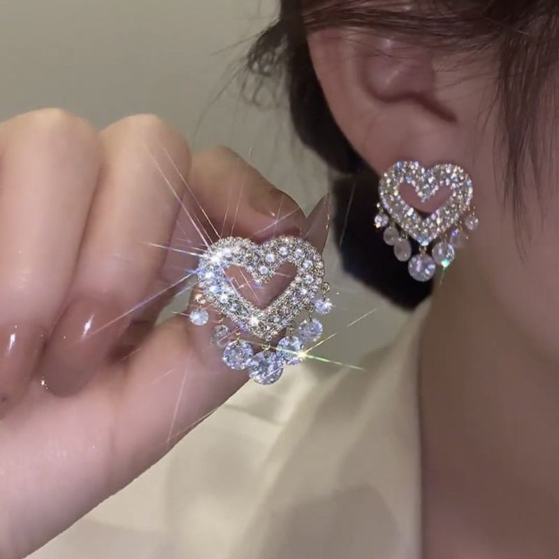 Wholesale Jewelry Shiny Tassel Heart Shape Metal Zircon Plating Inlay Drop Earrings