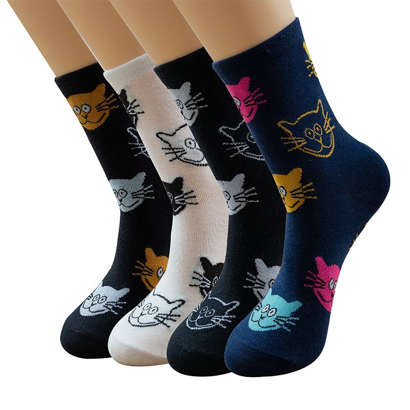 Femmes Style De Bande Dessinée Mignon Chat Coton Crew Socks Une Paire