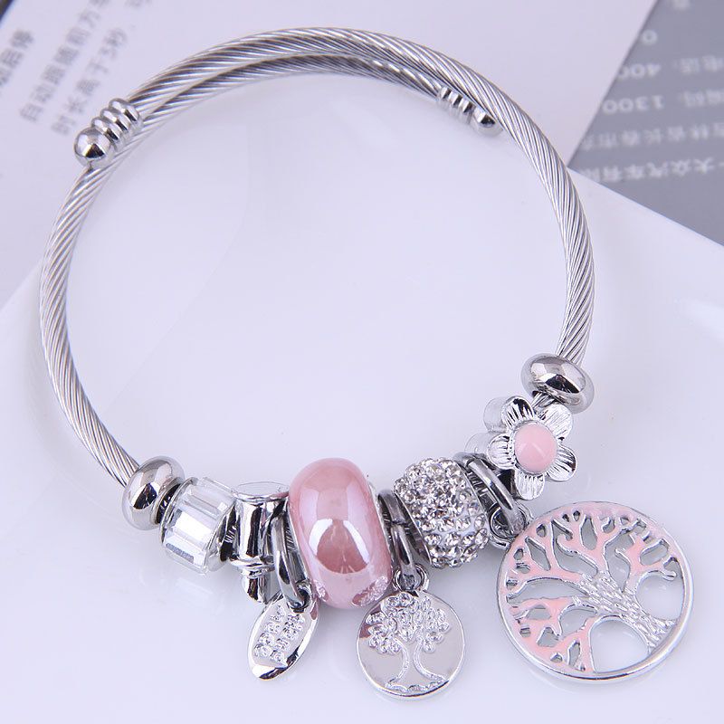 Mignon Sucré Arbre Fleur Alliage Fil D'acier Placage Incruster Strass Femmes Bracelet