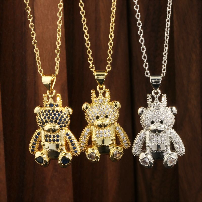 Factory In Stock European And American Style Love Bear Crown Pendant Necklace Personality Copper Inlaid Micro Diamond Clavicle Chain Accessories