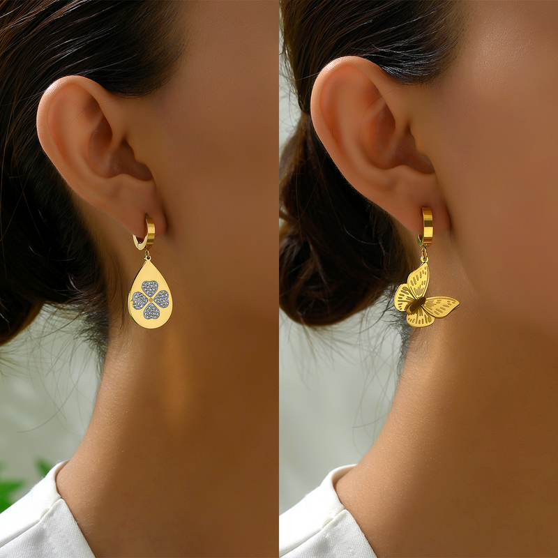 1 Pair Elegant Commute Oval Heart Shape Butterfly Plating Inlay 201 Stainless Steel Glass 18K Gold Plated Drop Earrings