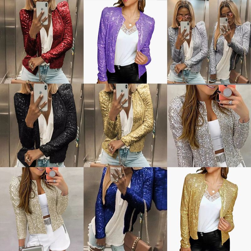 Women's Fashion Solid Color Sequins Zipper Coat