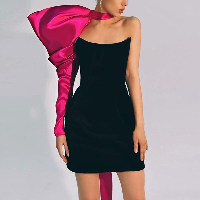 Women's Party Dress Sexy Round Neck Long Sleeve Color Block Above Knee Banquet