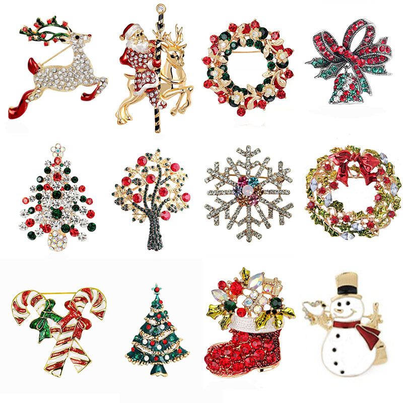 Christmas Brooch Crutches Elk Snowflake Snowman Christmas Tree Wreath Bell Boots Pin Corsage Hot Sale