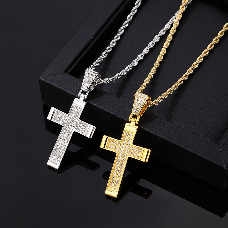 Wholesale Hip-Hop Vintage Style Rock Cross 304 Stainless Steel Copper Plating Inlay K Gold Plated Rhodium Plated Zircon Pendant Necklace