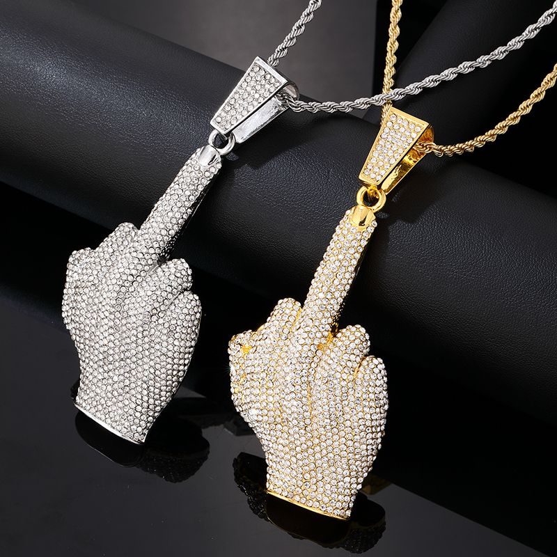 Wholesale Hip-Hop Vintage Style Rock Gesture 304 Stainless Steel Plating Inlay K Gold Plated Rhodium Plated Zircon Pendant Necklace