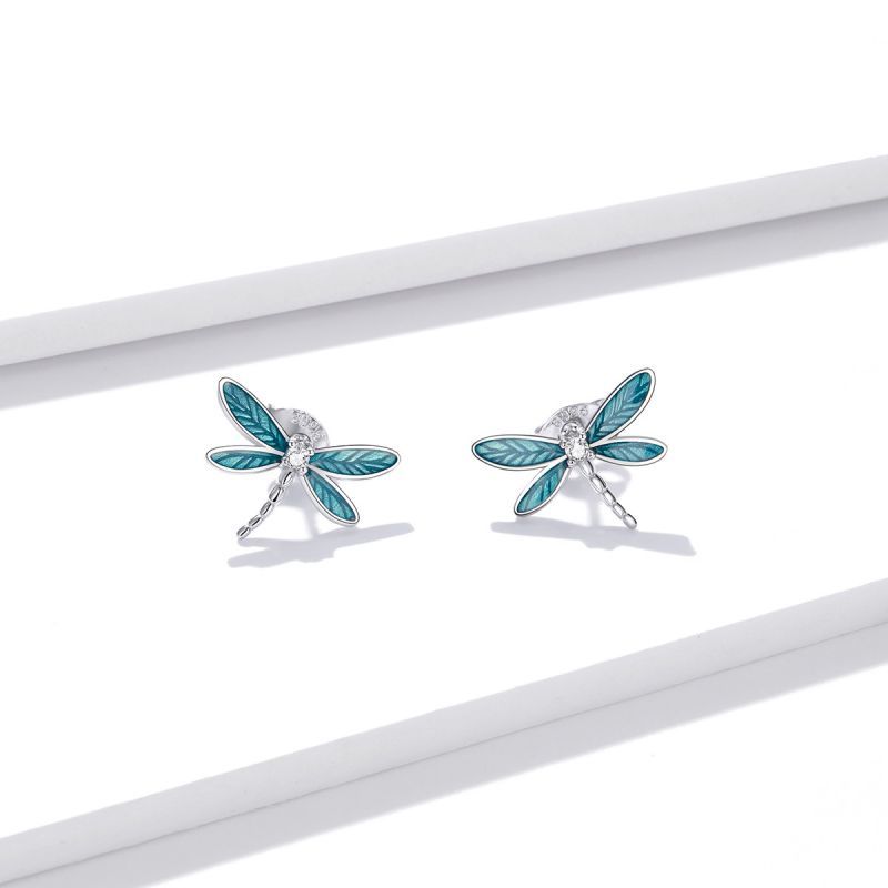 1 Pair Vacation Dragonfly Inlay Sterling Silver Zircon Ear Studs
