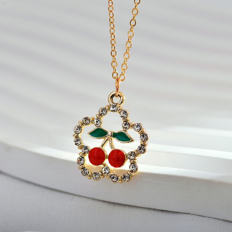 Simple Style Cherry Alloy Titanium Steel Plating Inlay Rhinestones Women's Pendant Necklace