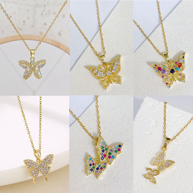 Ig Style Casual Butterfly Titanium Steel Copper Plating Inlay Zircon Pendant Necklace