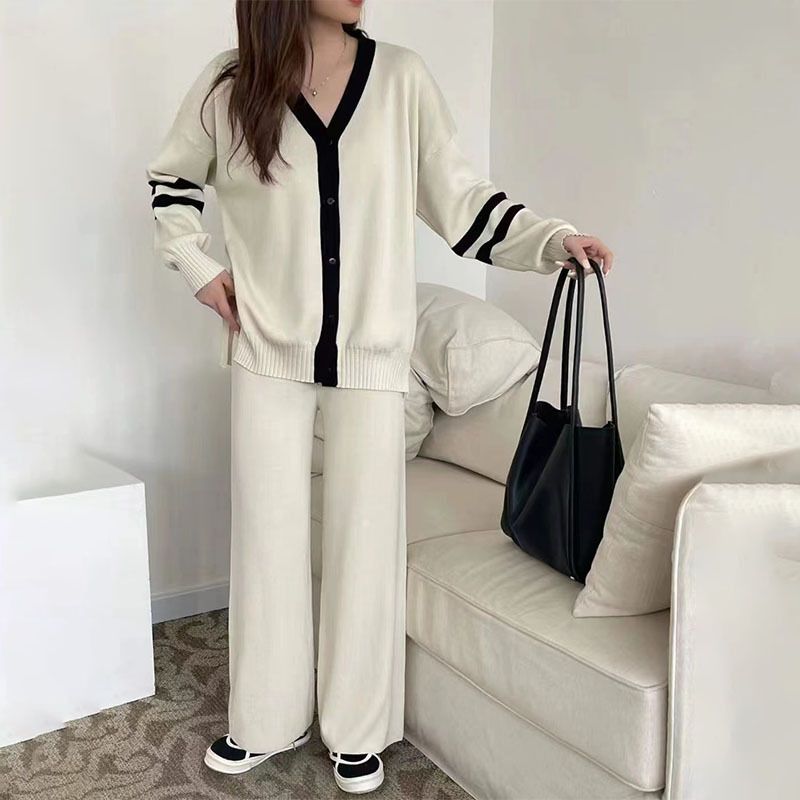 Daily Women's Simple Style Simple Solid Color Spandex Polyester Knit Washed Button Rib-knit Pants Sets Pants Sets