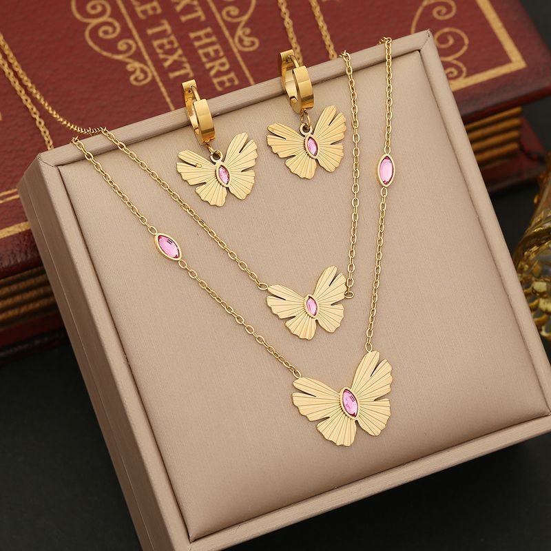 Stainless Steel 18K Gold Plated Romantic Commute Plating Inlay Butterfly Artificial Diamond Bracelets Earrings Necklace