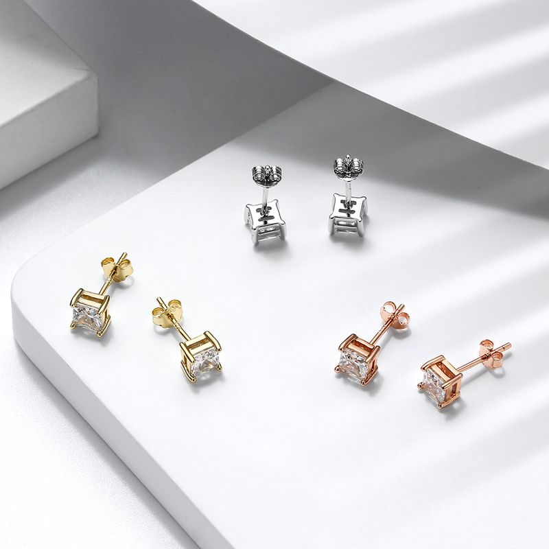1 Pair Modern Style Simple Style Classic Style Square Plating Laser Inlay Sterling Silver Zircon 14k Gold Plated Rose Gold Plated White Gold Plated Ear Studs