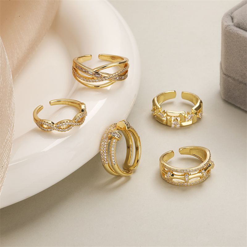 Luxuriös Irregulär Kupfer Überzug Inlay Zirkon Vergoldet Offener Ring
