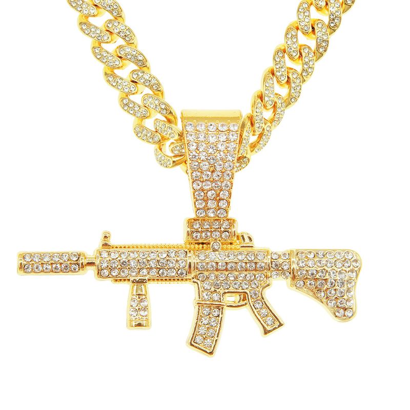 Hip Hop Pistolet Alliage Incruster Strass Hommes Pendentif Collier Pendentif