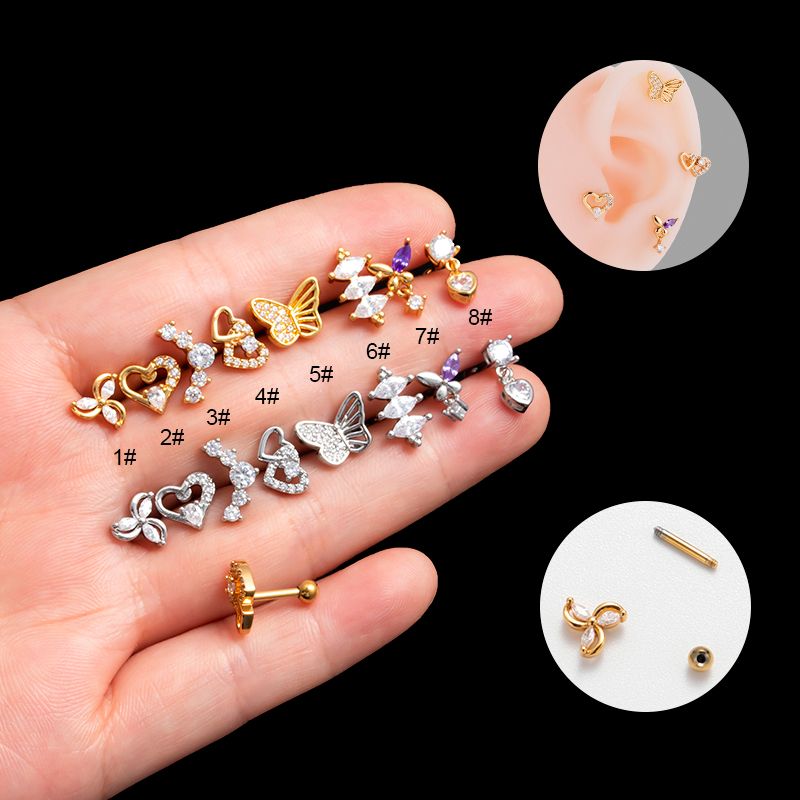1 Piece Ear Cartilage Rings & Studs Korean Style Heart Shape Butterfly Copper Plating Inlay Zircon