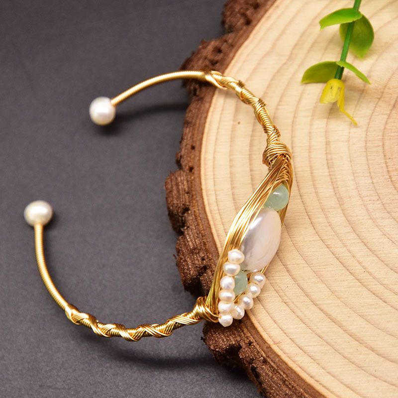 Classic Style Round Copper Plating Inlay Freshwater Pearl 18k Gold Plated Bangle